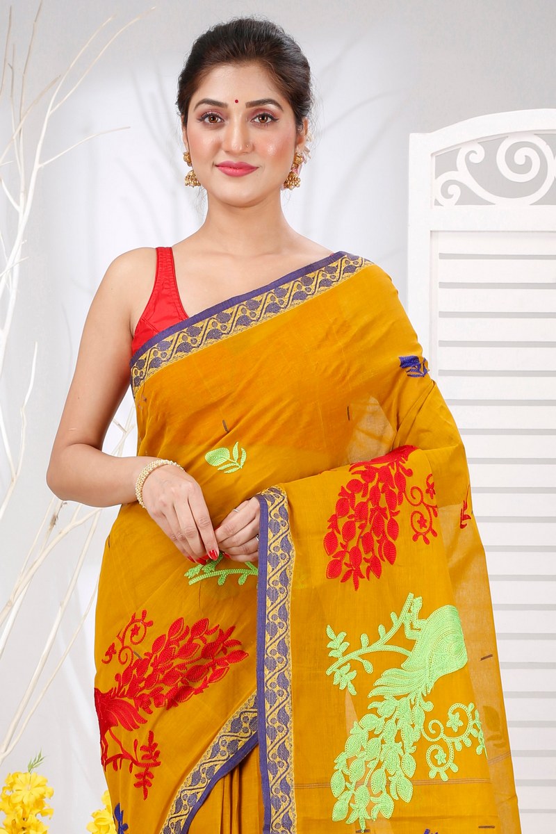 Mustard Yellow Pure Cotton Embi Gaela Moyur Tant Embroidery (1466)