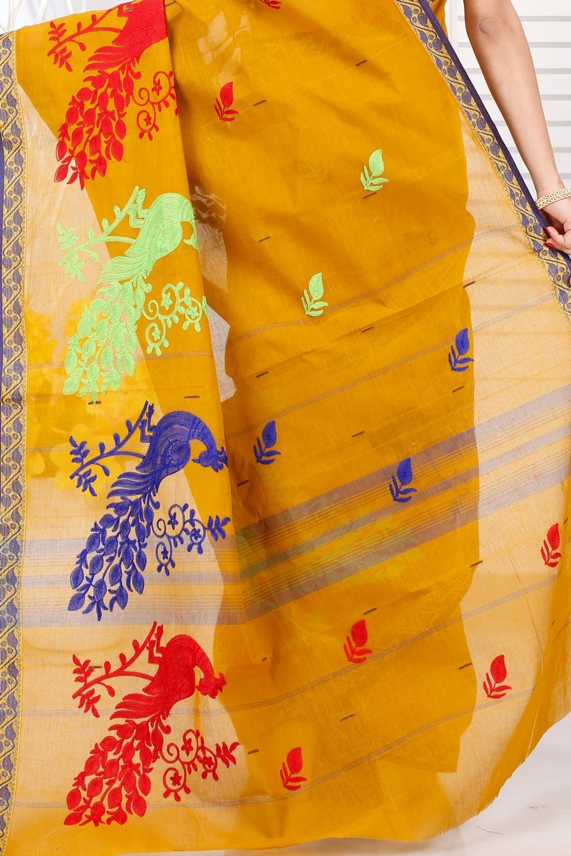 Mustard Yellow Pure Cotton Embi Gaela Moyur Tant Embroidery (1466)