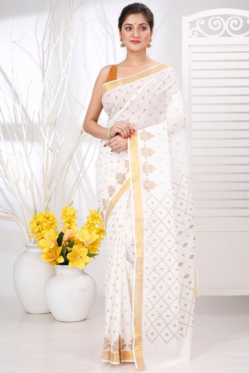 White Gold Pure Cotton Ekant Print Tant Saree Print (1467)