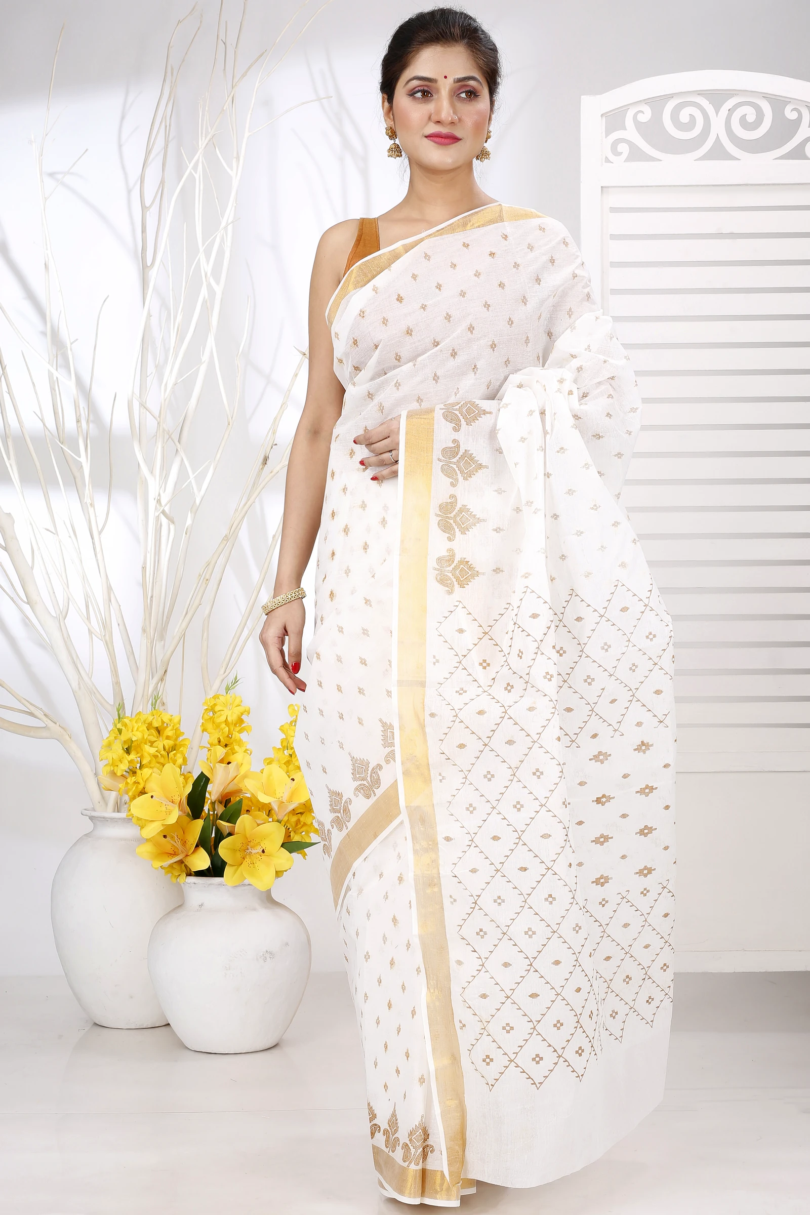 White Gold Pure Cotton Ekant Print Tant Saree Print (1467)