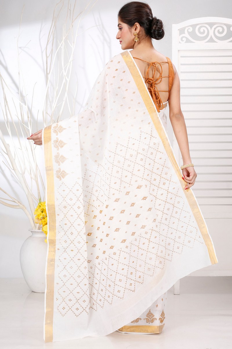 White Gold Pure Cotton Ekant Print Tant Saree Print (1467)
