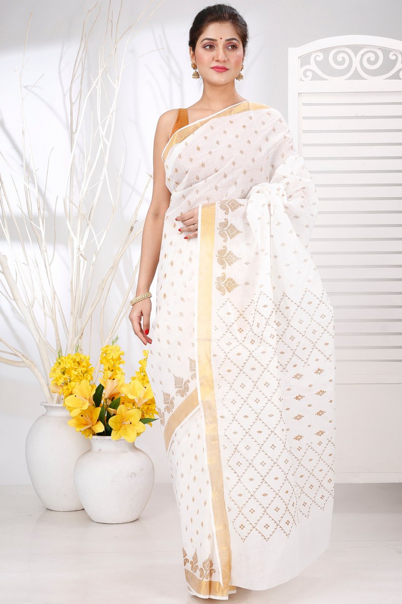 White Gold Pure Cotton Ekant Print Tant Saree Print (1467)