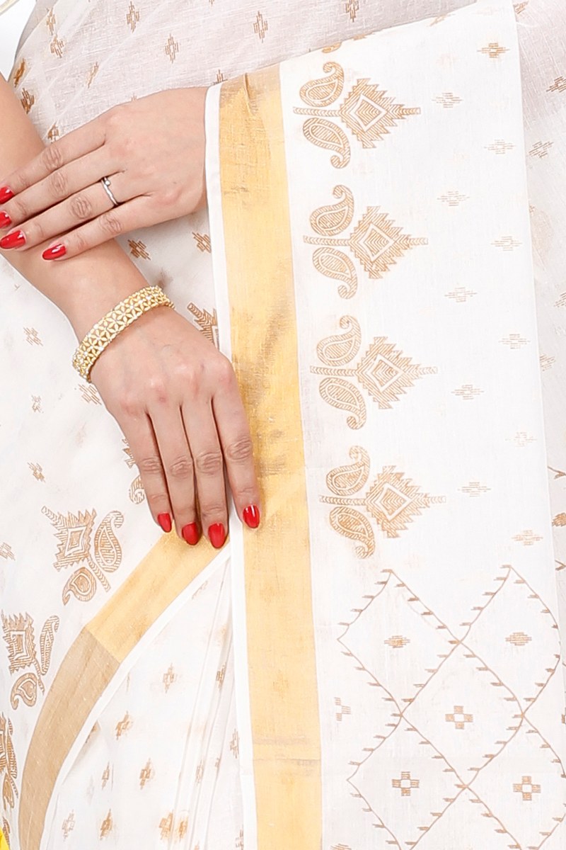 White Gold Pure Cotton Ekant Print Tant Saree Print (1467)