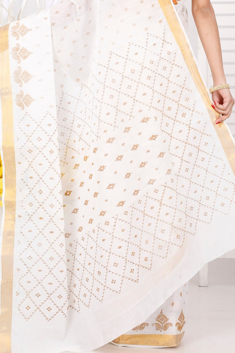 White Gold Pure Cotton Ekant Print Tant Saree Print (1467)