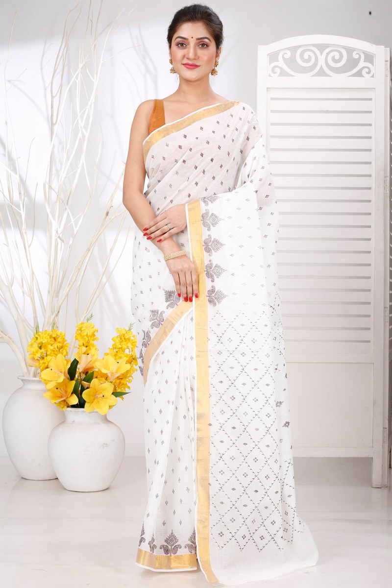 White Brown Pure Cotton Ekant Print Tant Saree Print (1468)