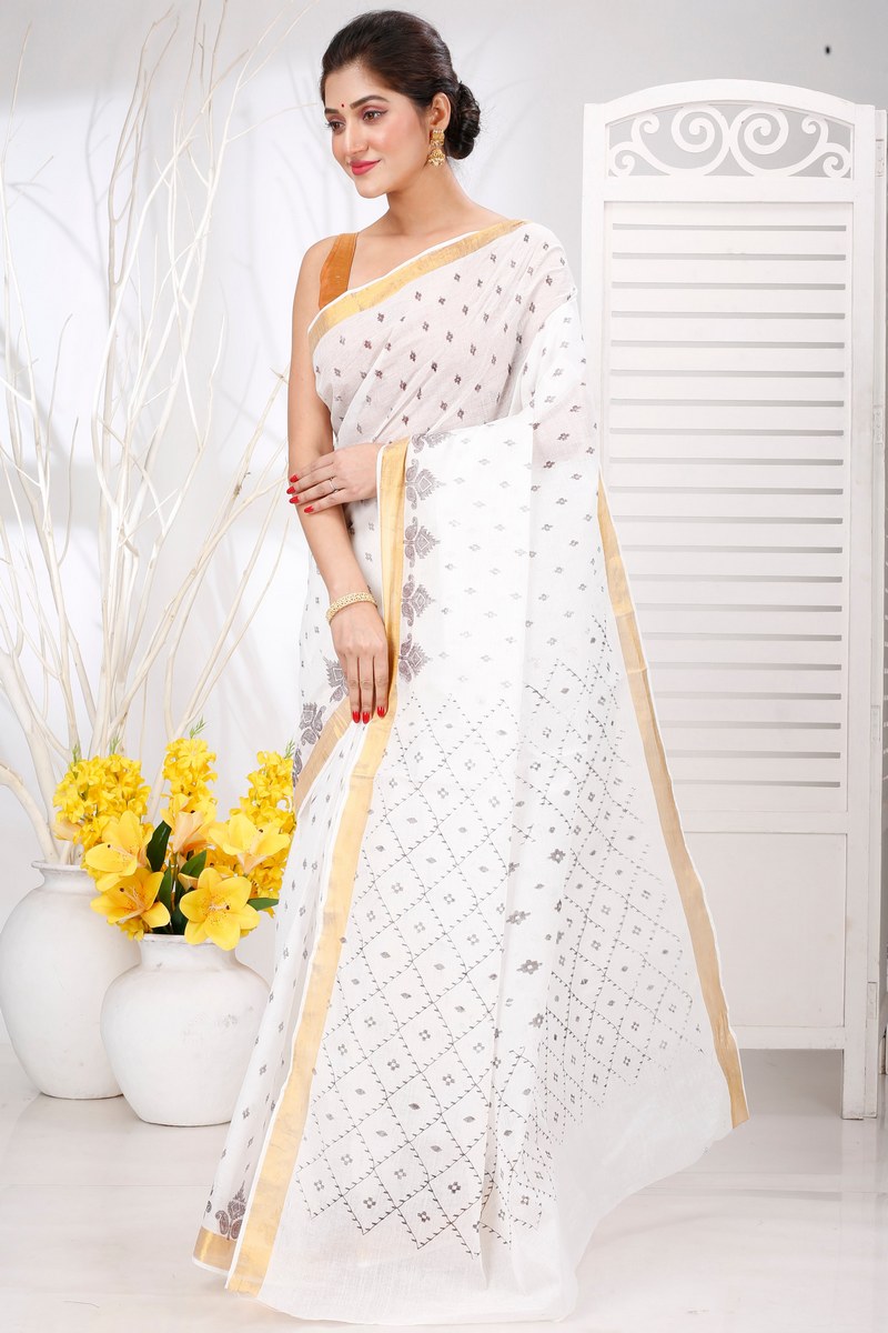 White Brown Pure Cotton Ekant Print Tant Saree Print (1468)