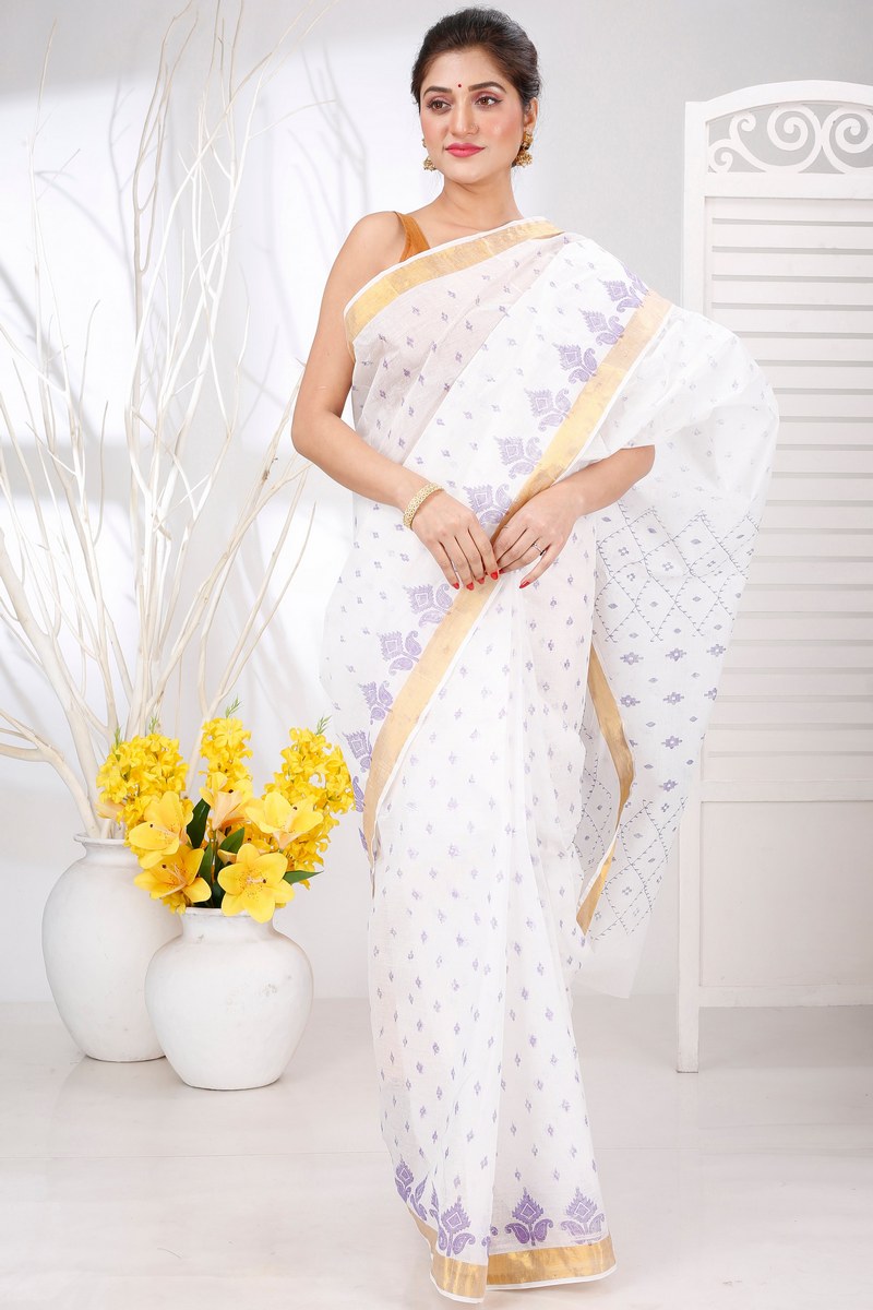 White Purpel Pure Cotton Ekant Print Tant Saree Print (1469)