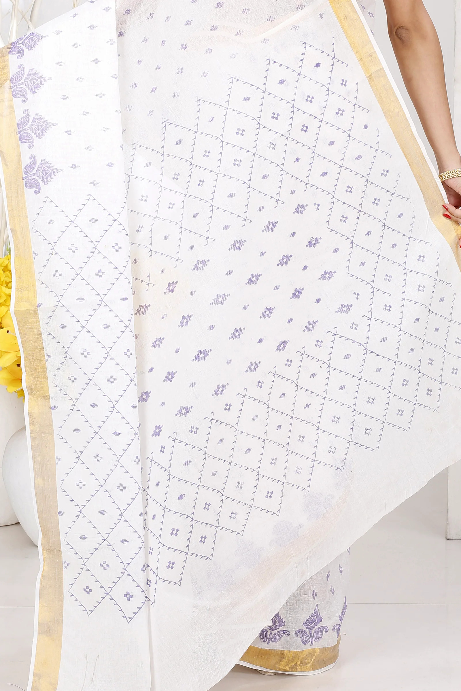 White Purpel Pure Cotton Ekant Print Tant Saree Print (1469)