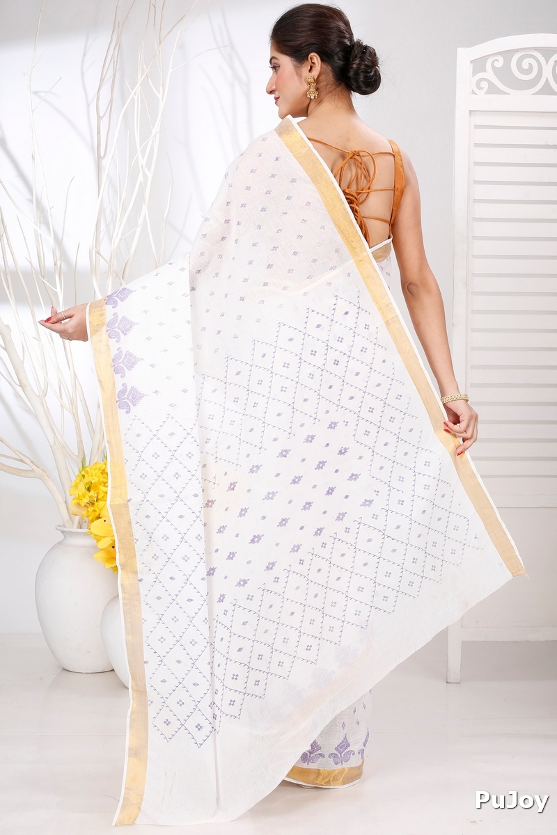 White Purpel Pure Cotton Ekant Print Tant Saree Print (1469)
