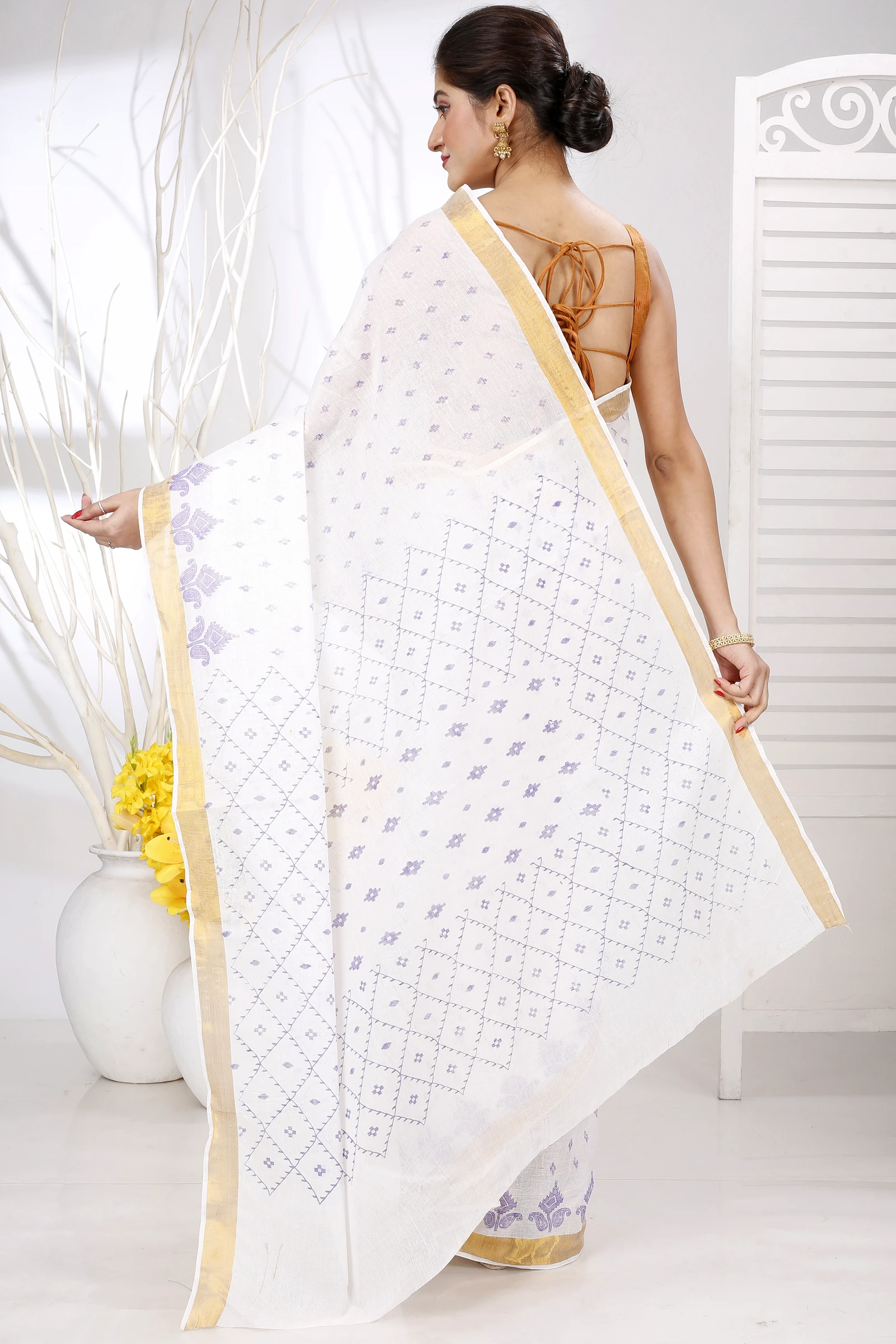 White Purpel Pure Cotton Ekant Print Tant Saree Print (1469)