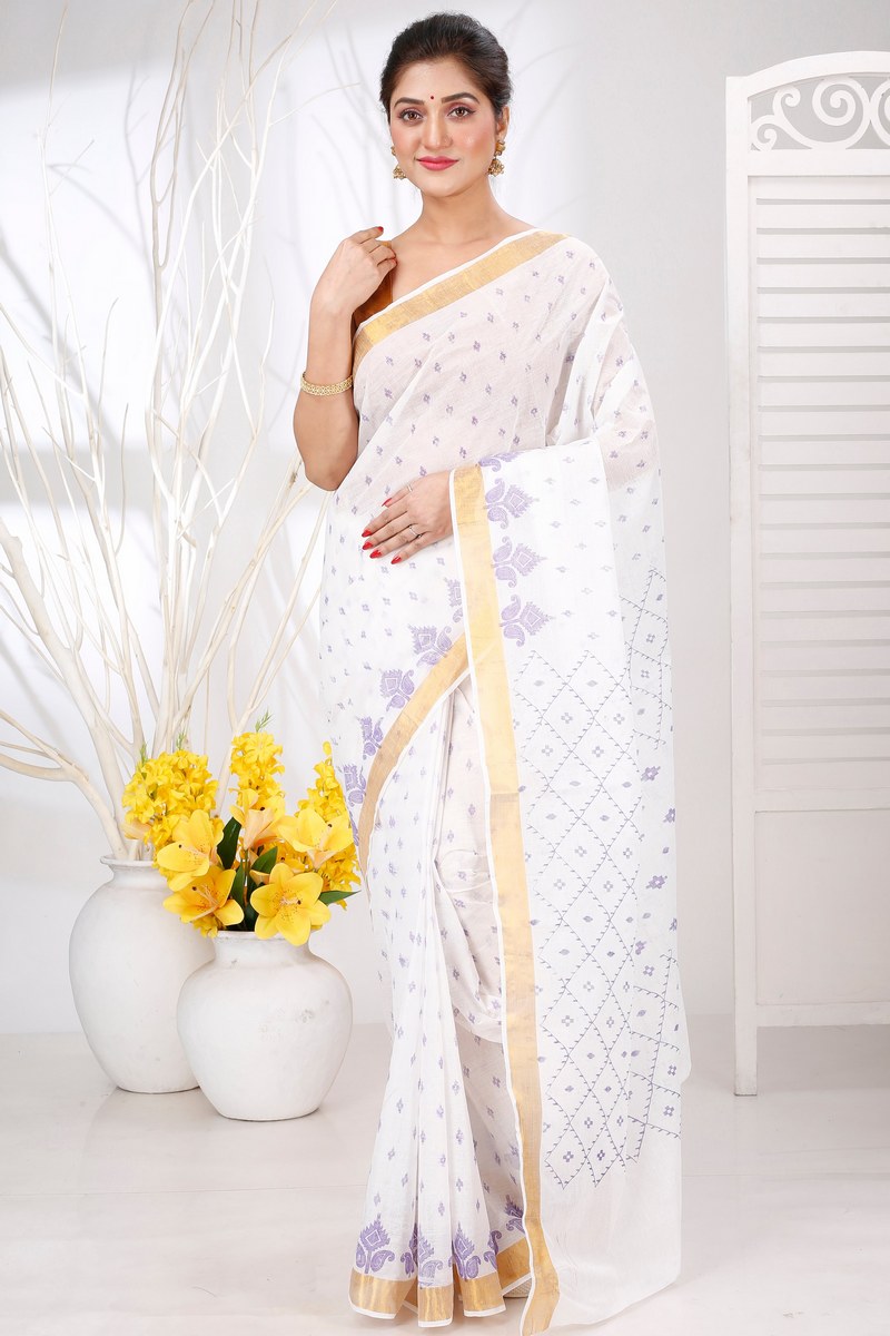 White Purpel Pure Cotton Ekant Print Tant Saree Print (1469)