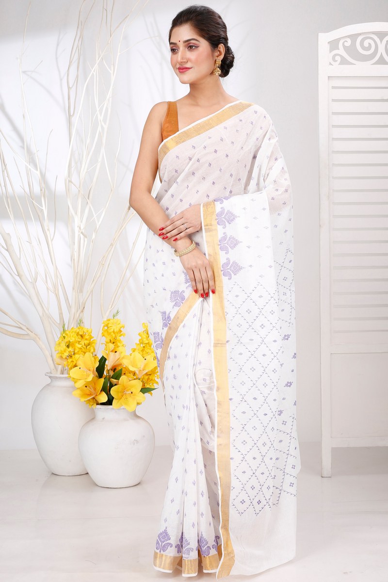 White Purpel Pure Cotton Ekant Print Tant Saree Print (1469)