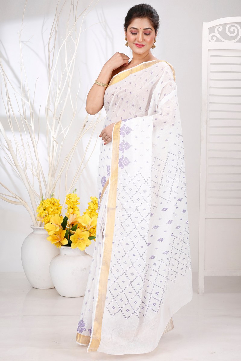 White Purpel Pure Cotton Ekant Print Tant Saree Print (1469)
