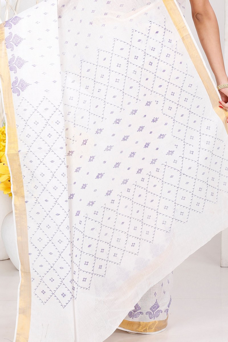 White Purpel Pure Cotton Ekant Print Tant Saree Print (1469)