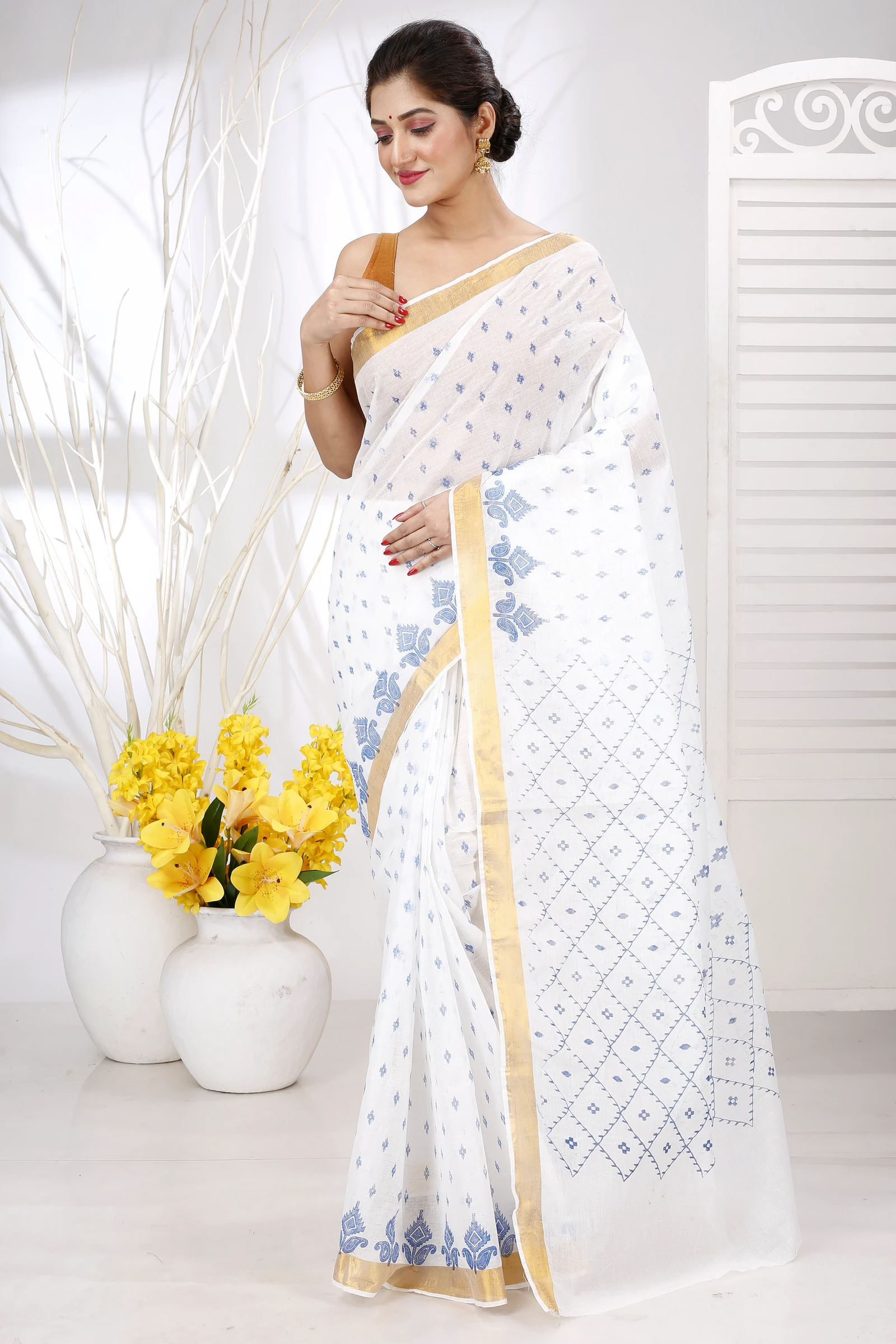 White Blue Pure Cotton Ekant Print Tant Saree Print (1470)