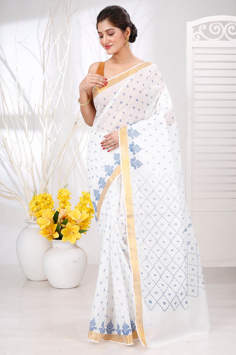 White Blue Pure Cotton Ekant Print Tant Saree Print (1470)