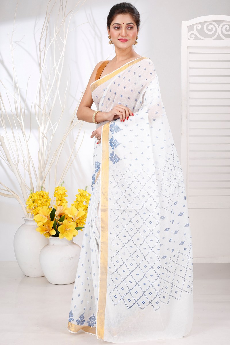 White Blue Pure Cotton Ekant Print Tant Saree Print (1470)
