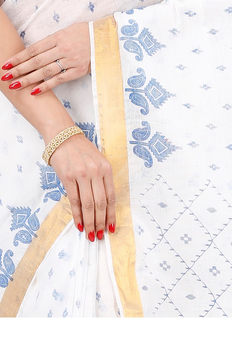 White Blue Pure Cotton Ekant Print Tant Saree Print (1470)