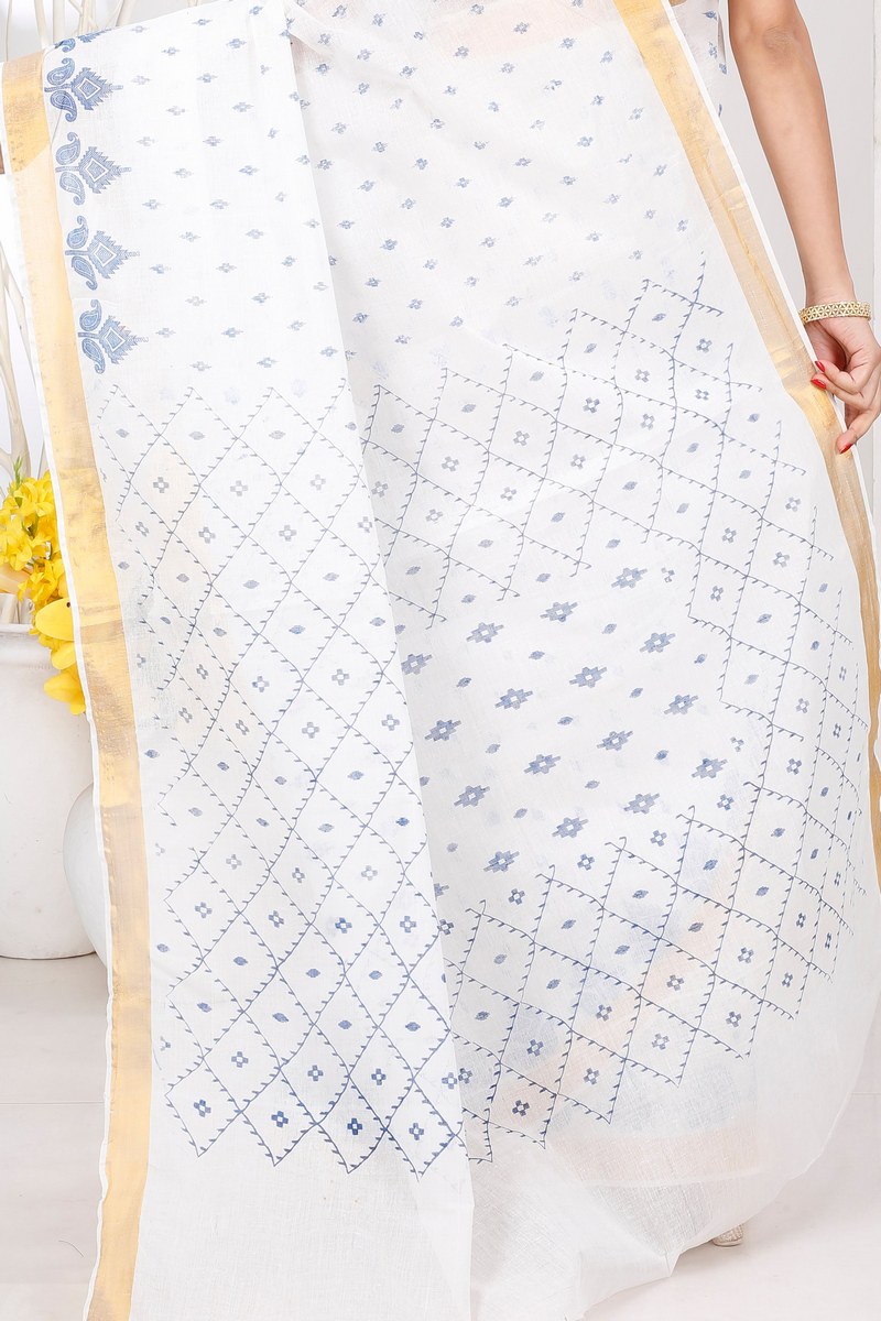 White Blue Pure Cotton Ekant Print Tant Saree Print (1470)