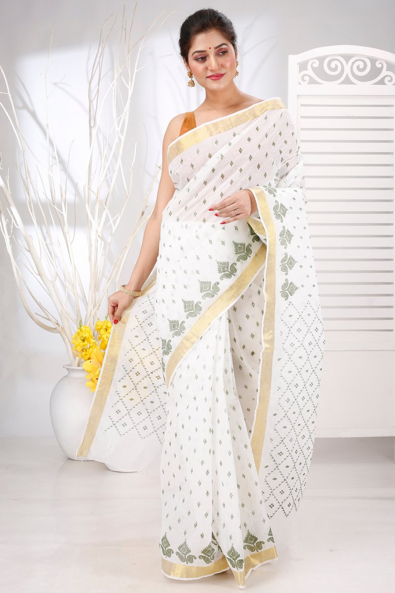 White Green Pure Cotton Ekant Print Tant Saree Print (1471)