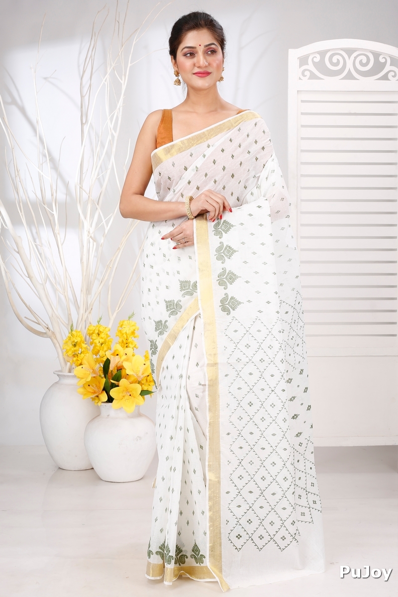 White Green Pure Cotton Ekant Print Tant Saree Print (1471)