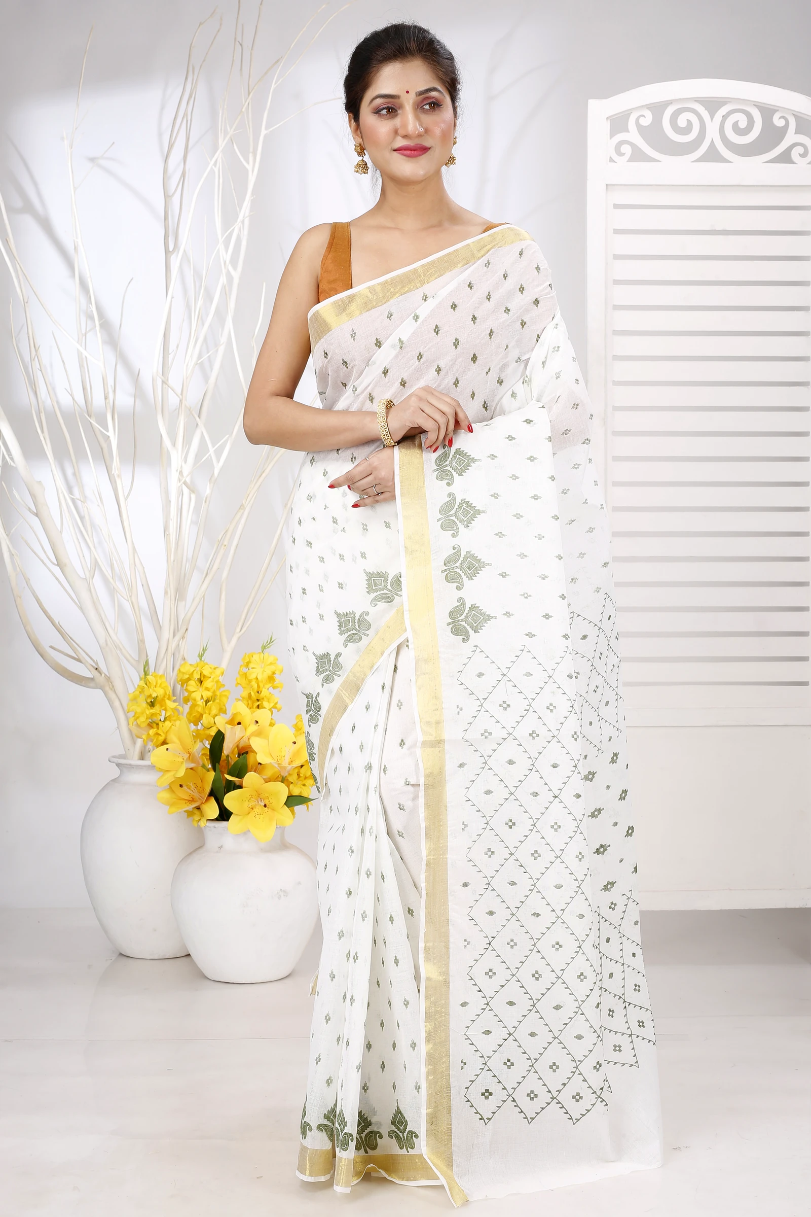 White Green Pure Cotton Ekant Print Tant Saree Print (1471)