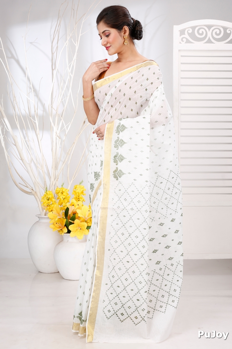 White Green Pure Cotton Ekant Print Tant Saree Print (1471)