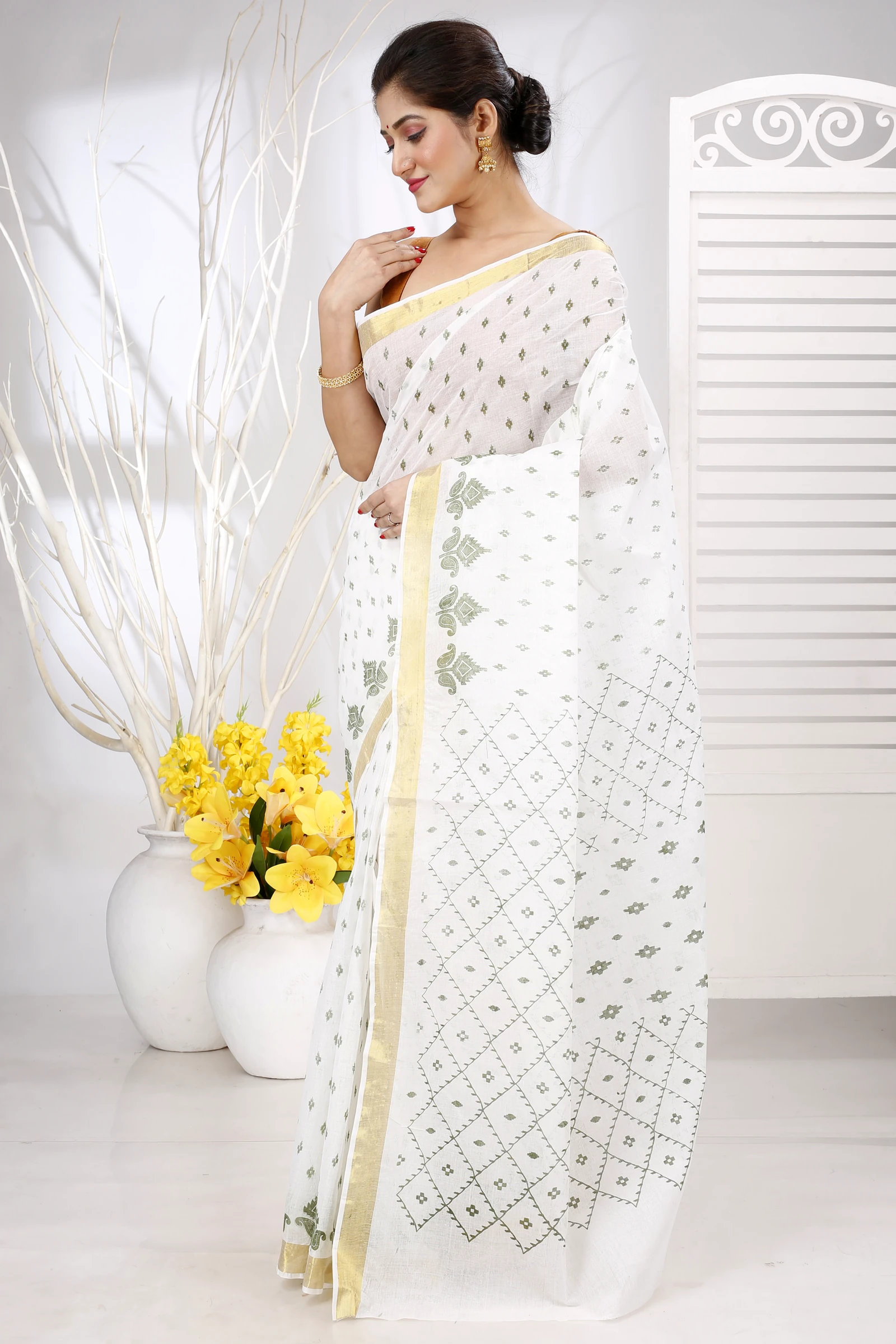 White Green Pure Cotton Ekant Print Tant Saree Print (1471)