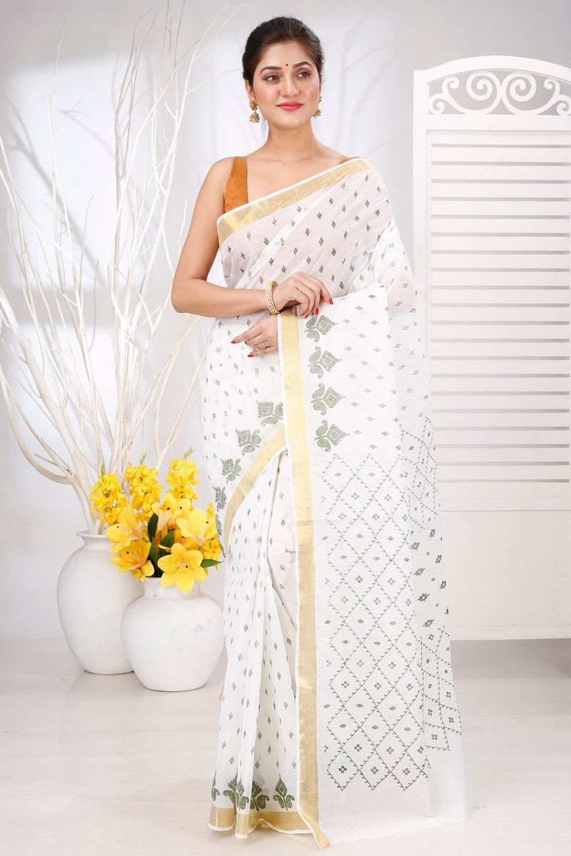 White Green Pure Cotton Ekant Print Tant Saree Print (1471)