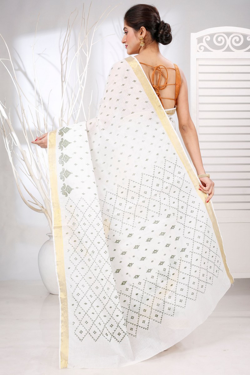 White Green Pure Cotton Ekant Print Tant Saree Print (1471)
