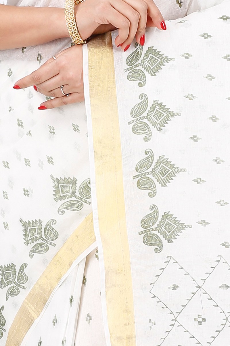 White Green Pure Cotton Ekant Print Tant Saree Print (1471)