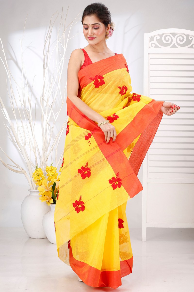 Yellow Red Pure Cotton Embi Elu Joba Tant Embroidery (1472)