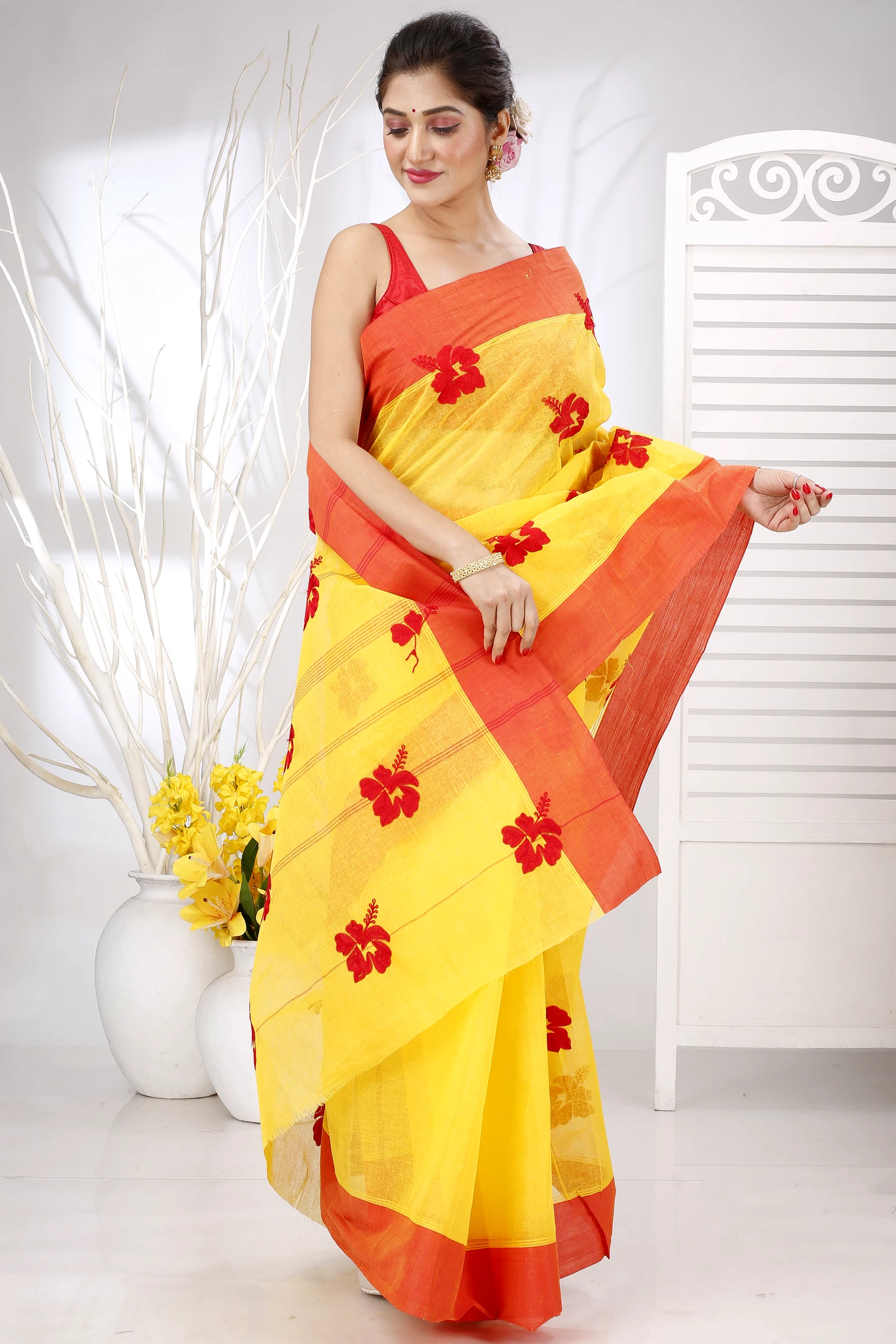 Yellow Red Pure Cotton Embi Elu Joba Tant Embroidery (1472)