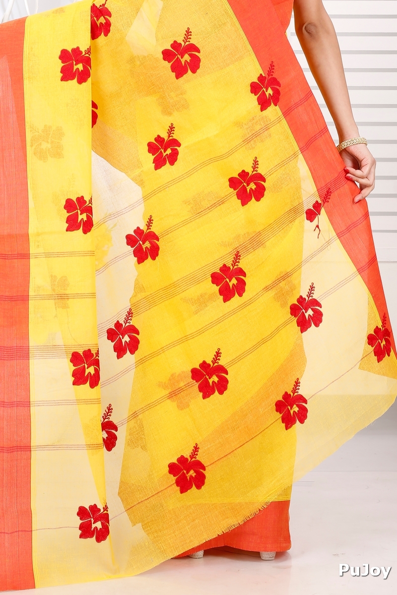 Yellow Red Pure Cotton Embi Elu Joba Tant Embroidery (1472)