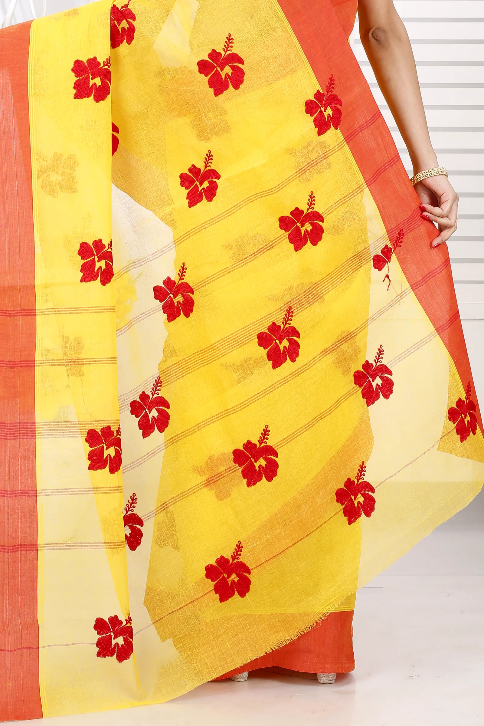 Yellow Red Pure Cotton Embi Elu Joba Tant Embroidery (1472)