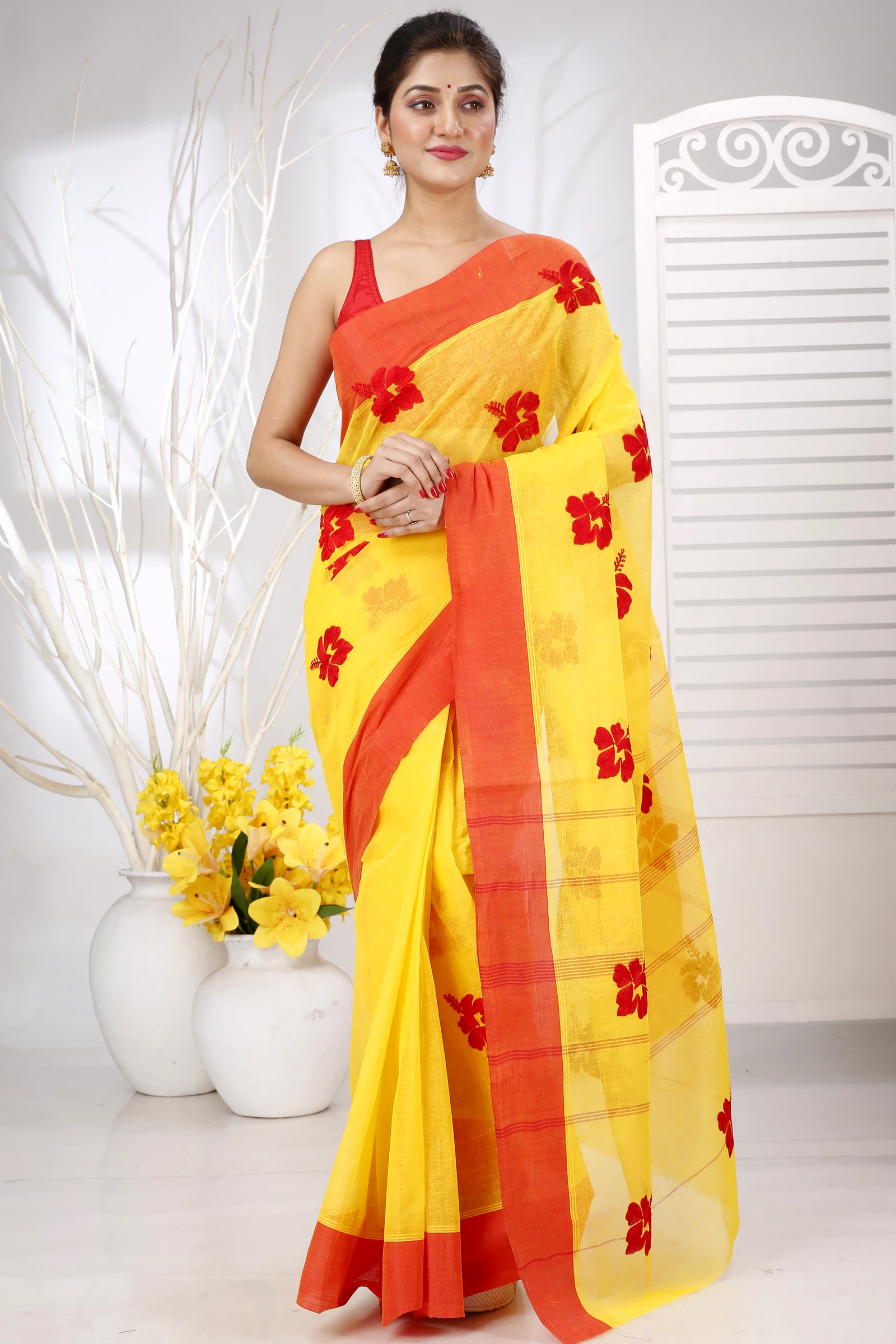 Yellow Red Pure Cotton Embi Elu Joba Tant Embroidery (1472)