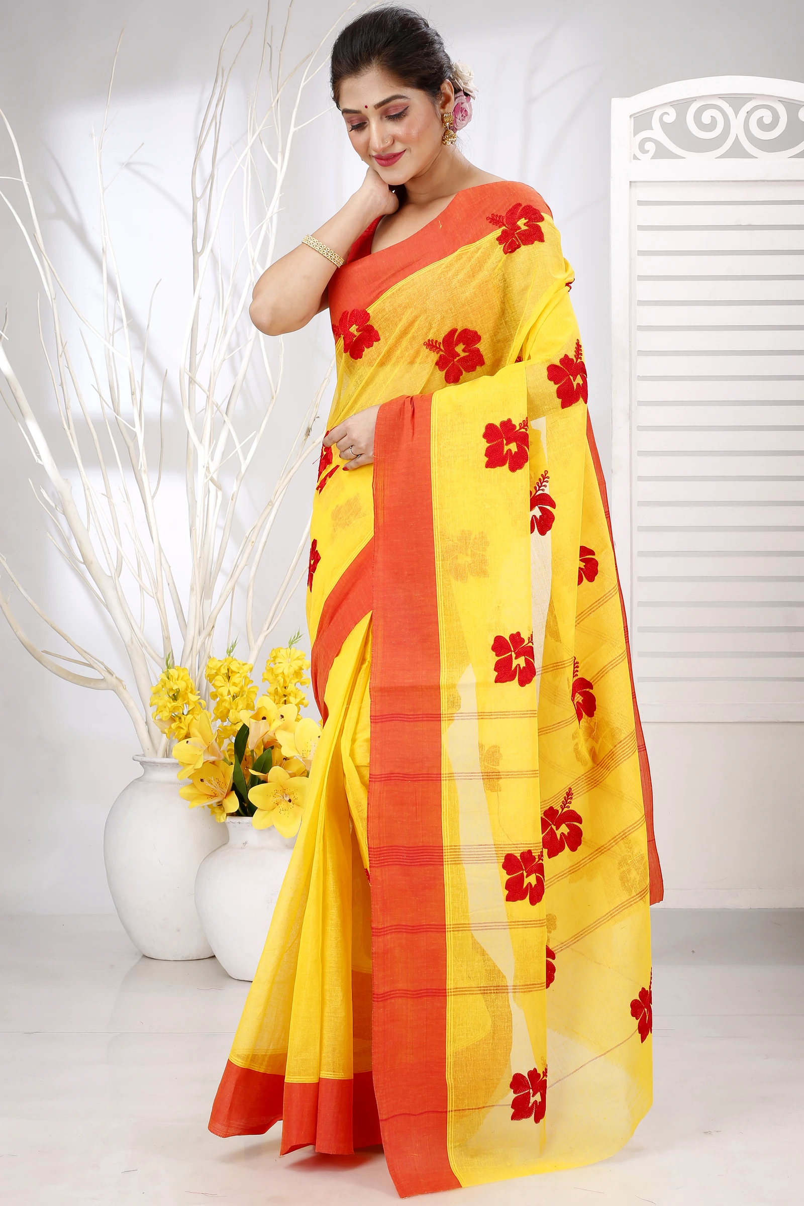 Yellow Red Pure Cotton Embi Elu Joba Tant Embroidery (1472)