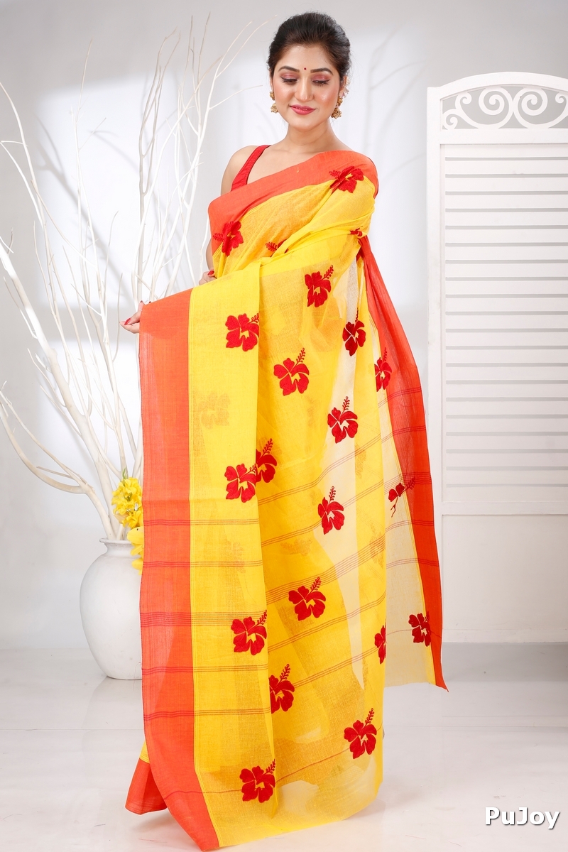 Yellow Red Pure Cotton Embi Elu Joba Tant Embroidery (1472)
