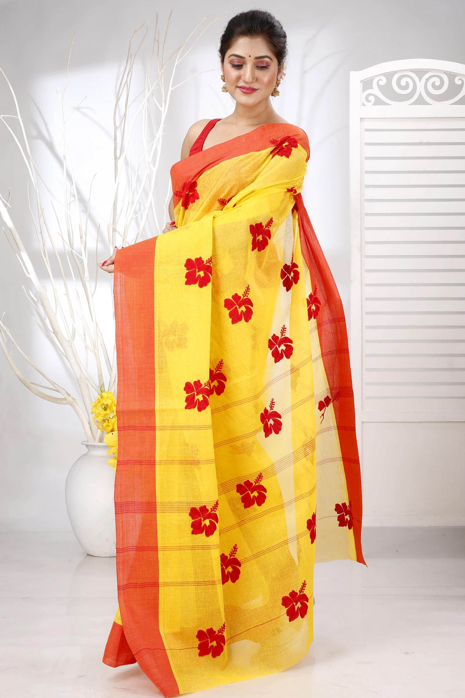 Yellow Red Pure Cotton Embi Elu Joba Tant Embroidery (1472)