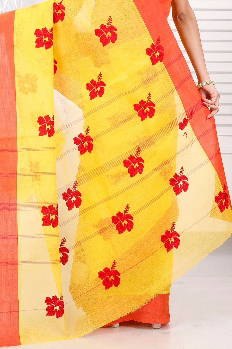 Yellow Red Pure Cotton Embi Elu Joba Tant Embroidery (1472)