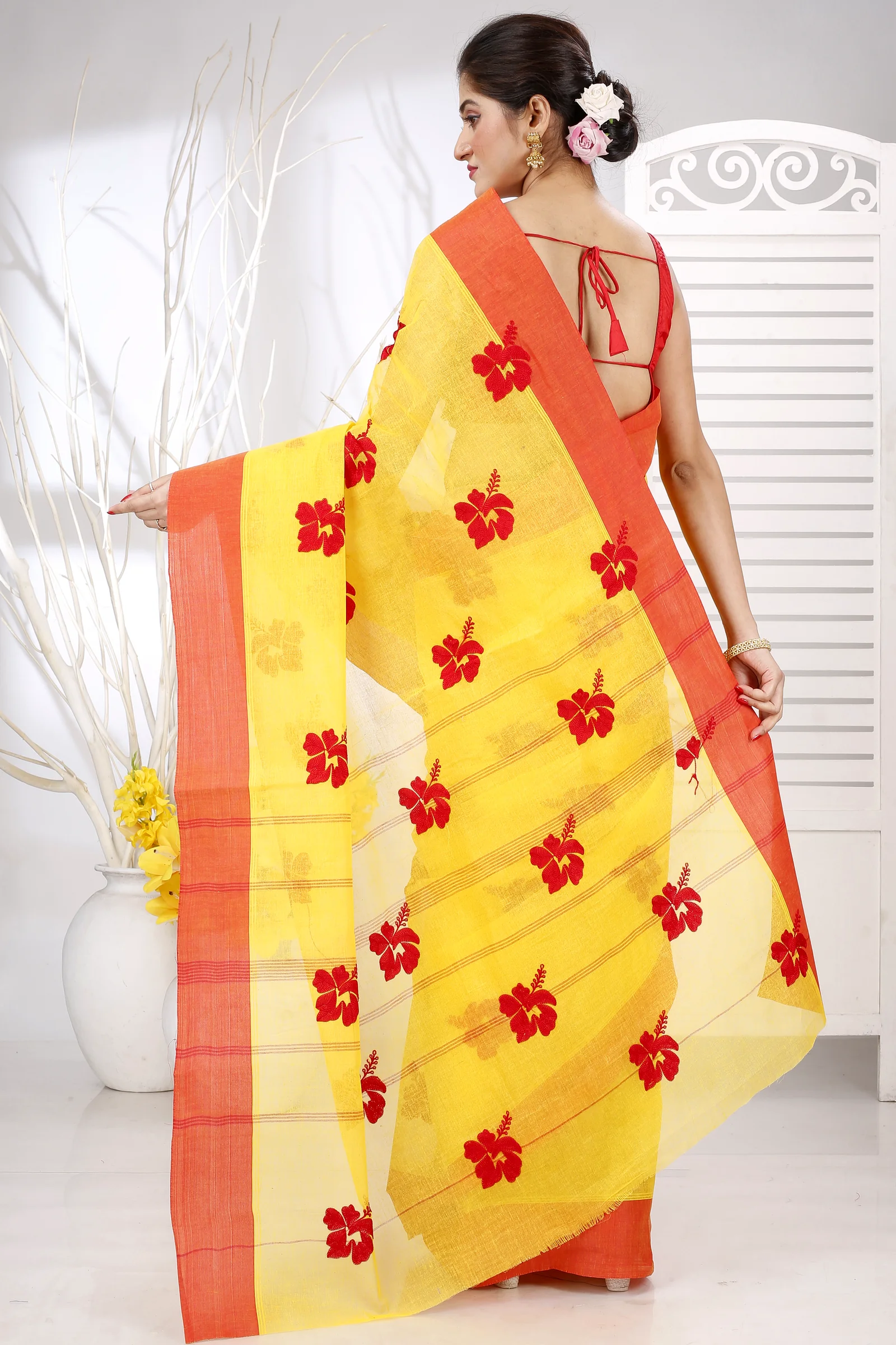 Yellow Red Pure Cotton Embi Elu Joba Tant Embroidery (1472)