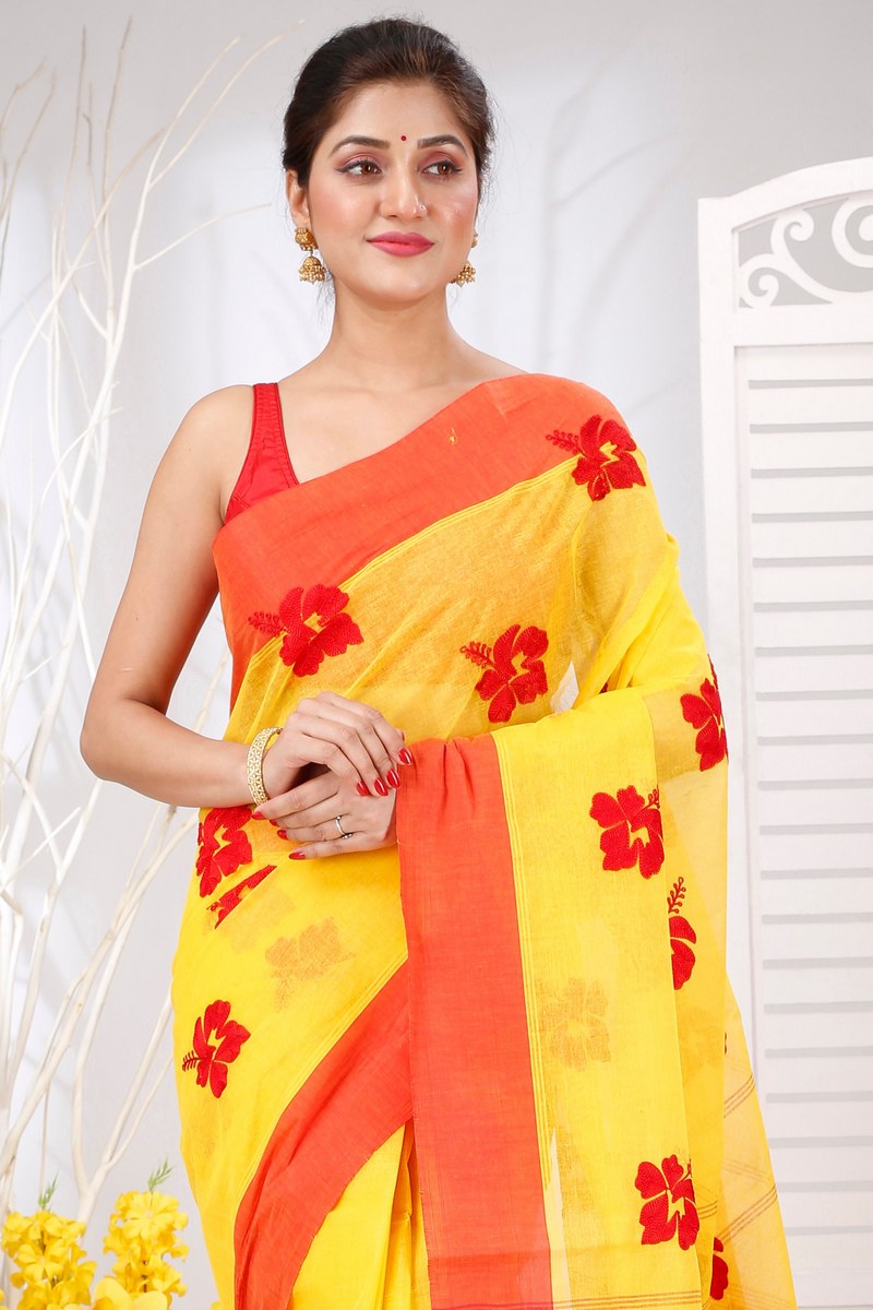 Yellow Red Pure Cotton Embi Elu Joba Tant Embroidery (1472)