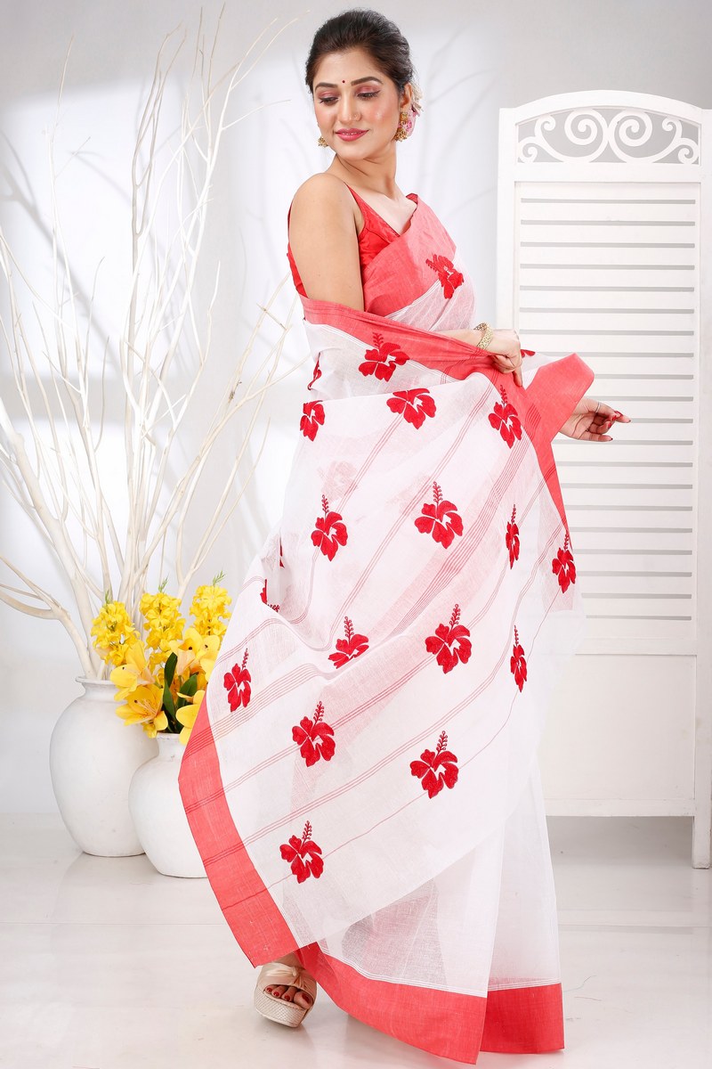 White Red Pure Cotton Embi Elu Joba Tant Embroidery (1473)