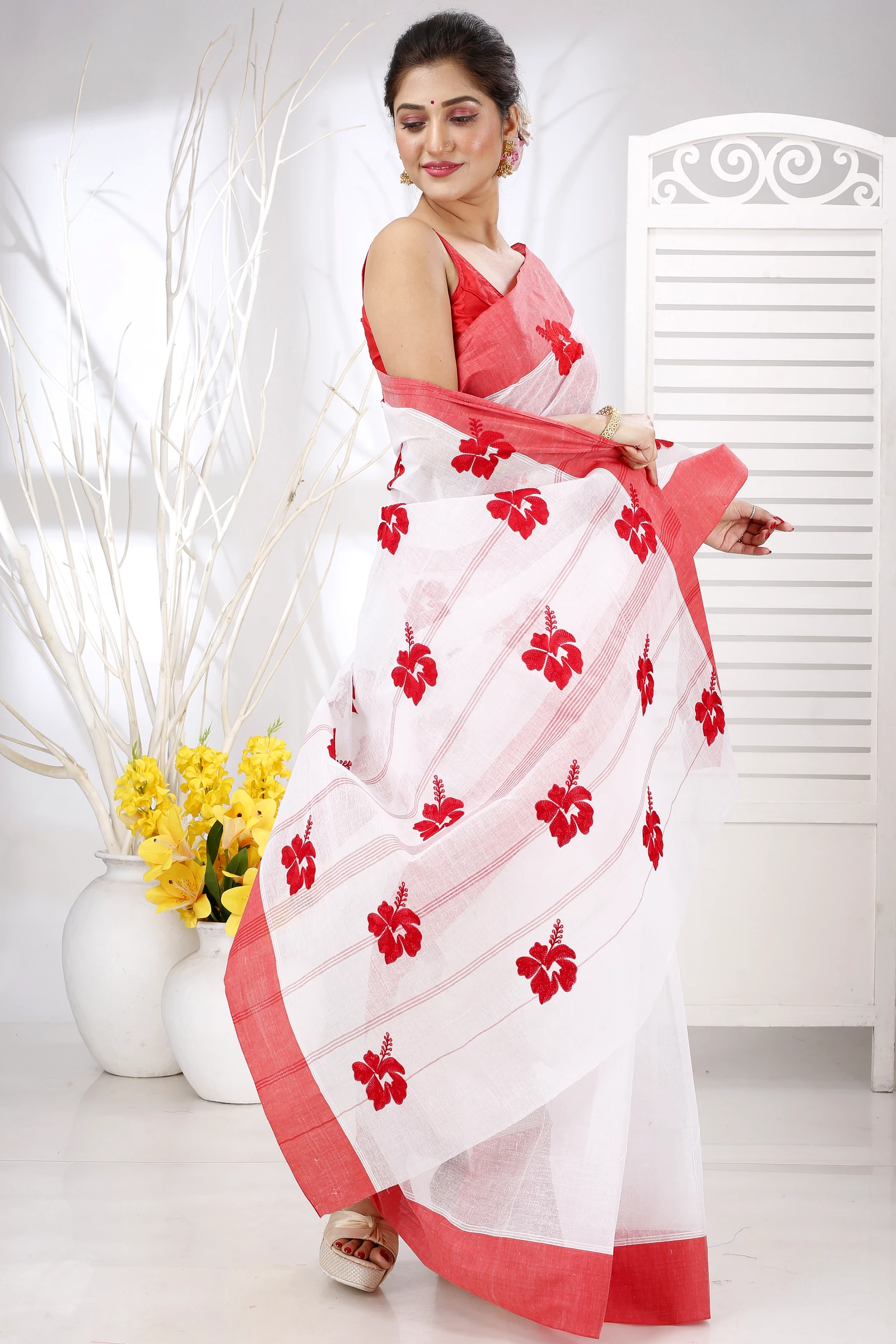 White Red Pure Cotton Embi Elu Joba Tant Embroidery (1473)