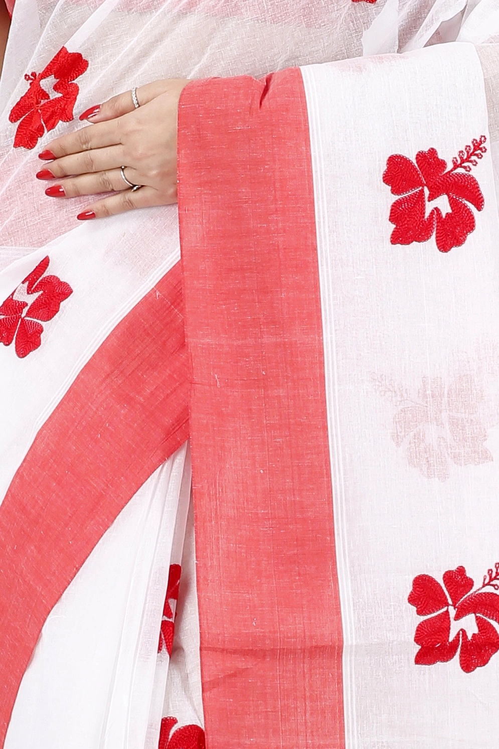White Red Pure Cotton Embi Elu Joba Tant Embroidery (1473)