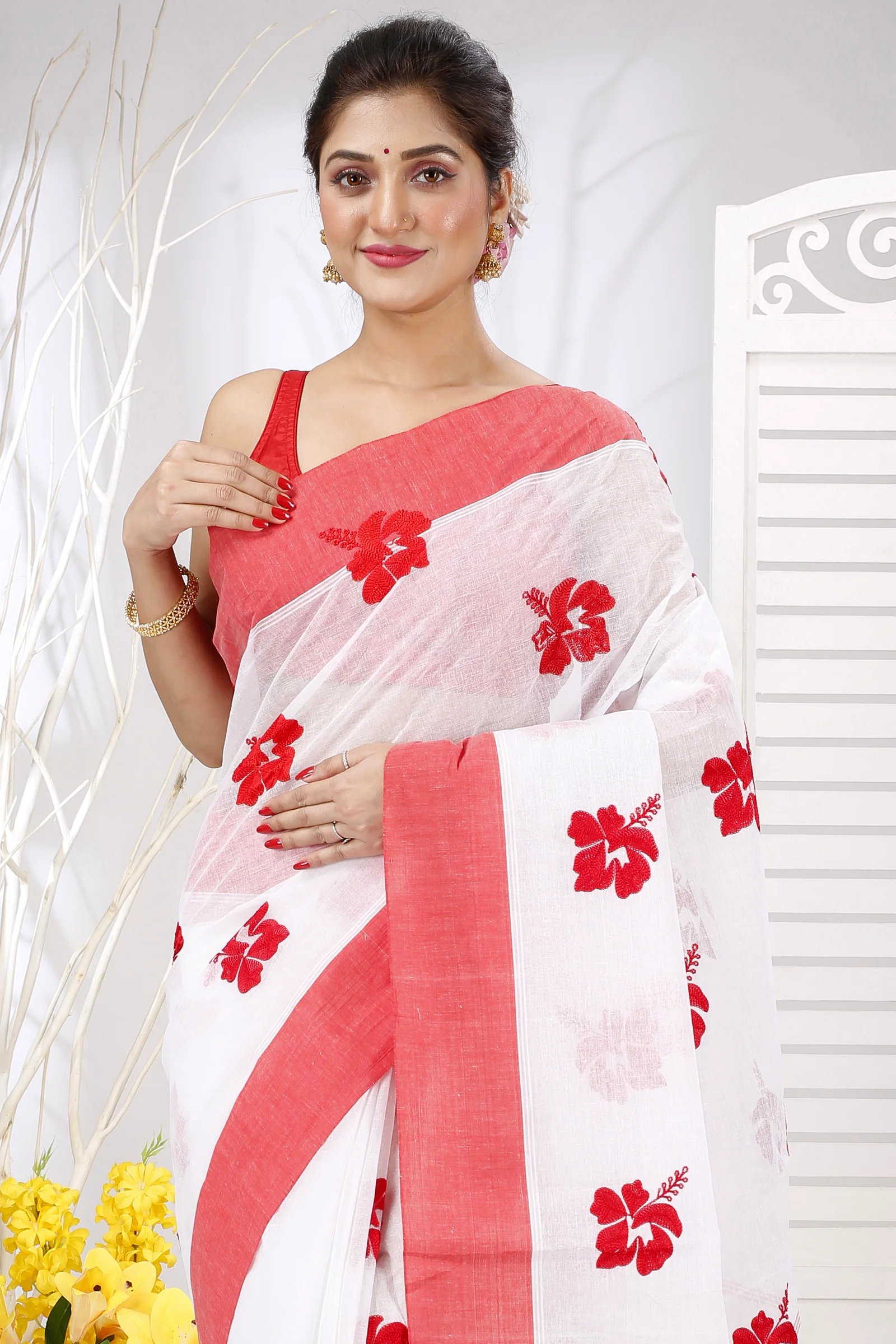 White Red Pure Cotton Embi Elu Joba Tant Embroidery (1473)