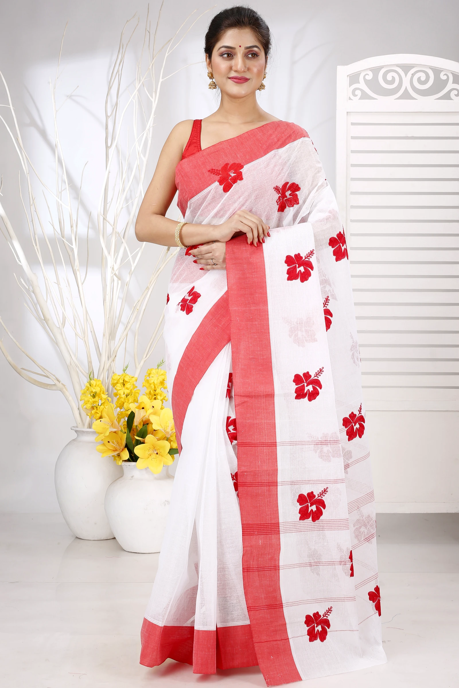 White Red Pure Cotton Embi Elu Joba Tant Embroidery (1473)