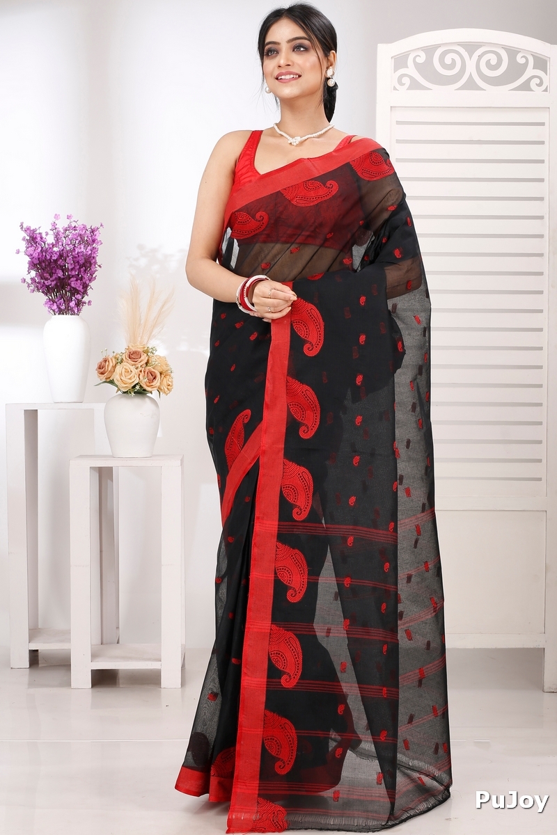 Black Pure Cotton Epto Shonko Tant Saree (1474)