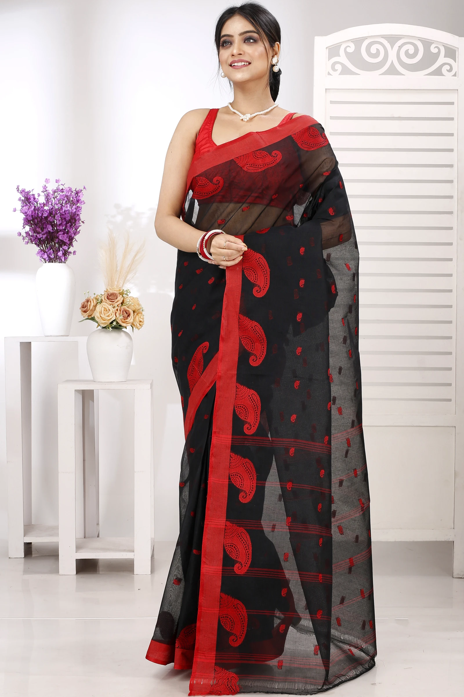Black Pure Cotton Epto Shonko Tant Saree (1474)