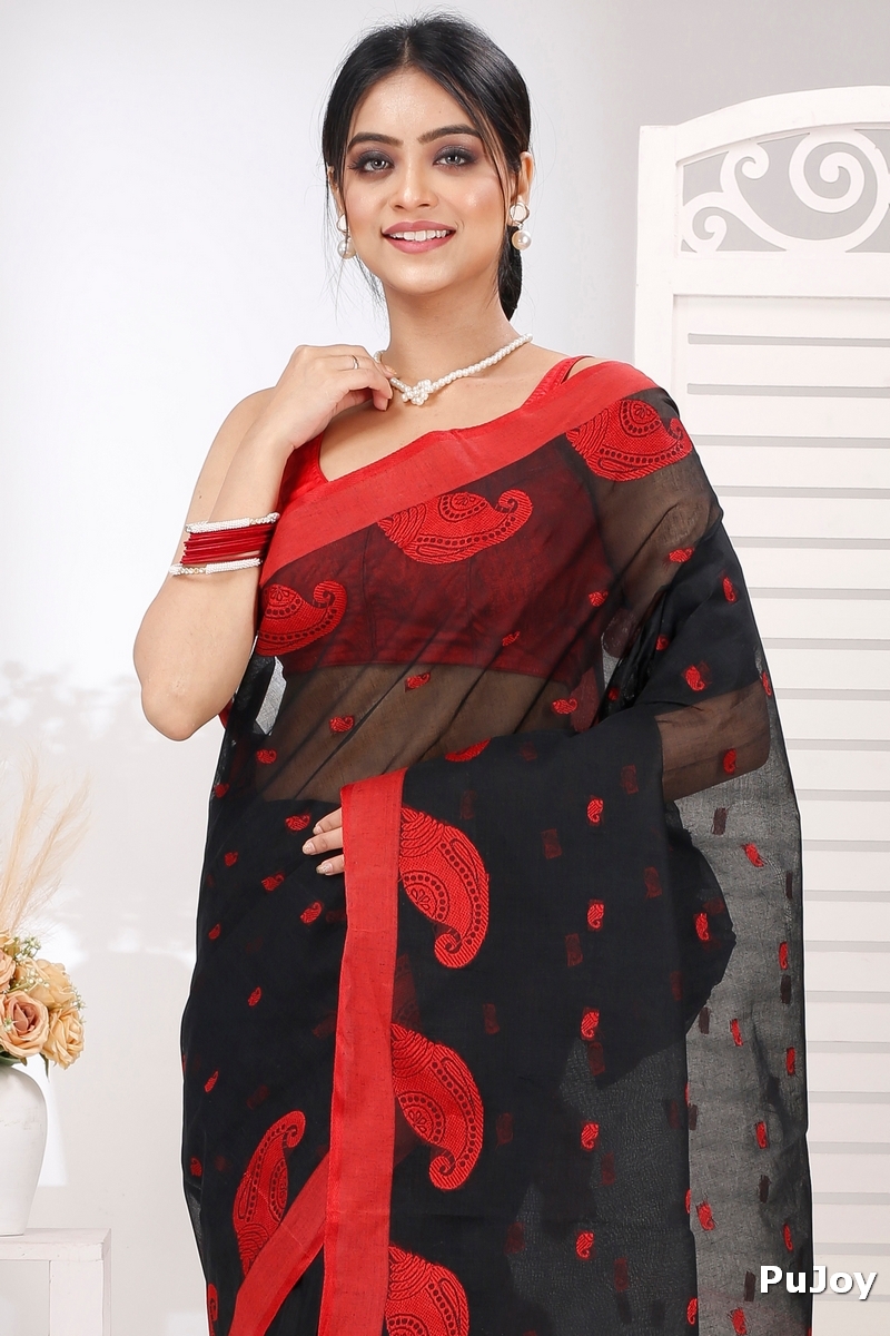 Black Pure Cotton Epto Shonko Tant Saree (1474)